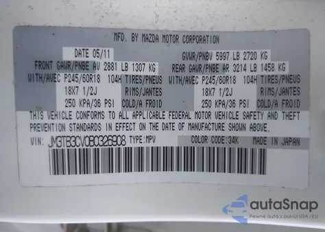 2011 Mazda Cx-9 Touring из США, поврежденный, VIN JM3TB3CV0B0326908